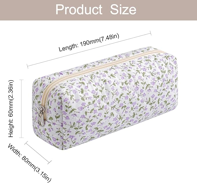 WHHJM Cute Floral Makeup Brush Bag Small Cotton Quilted Cosmetic Bag for Women Travel Toiletry Zipper Make Up Pouch (Purple Floral)