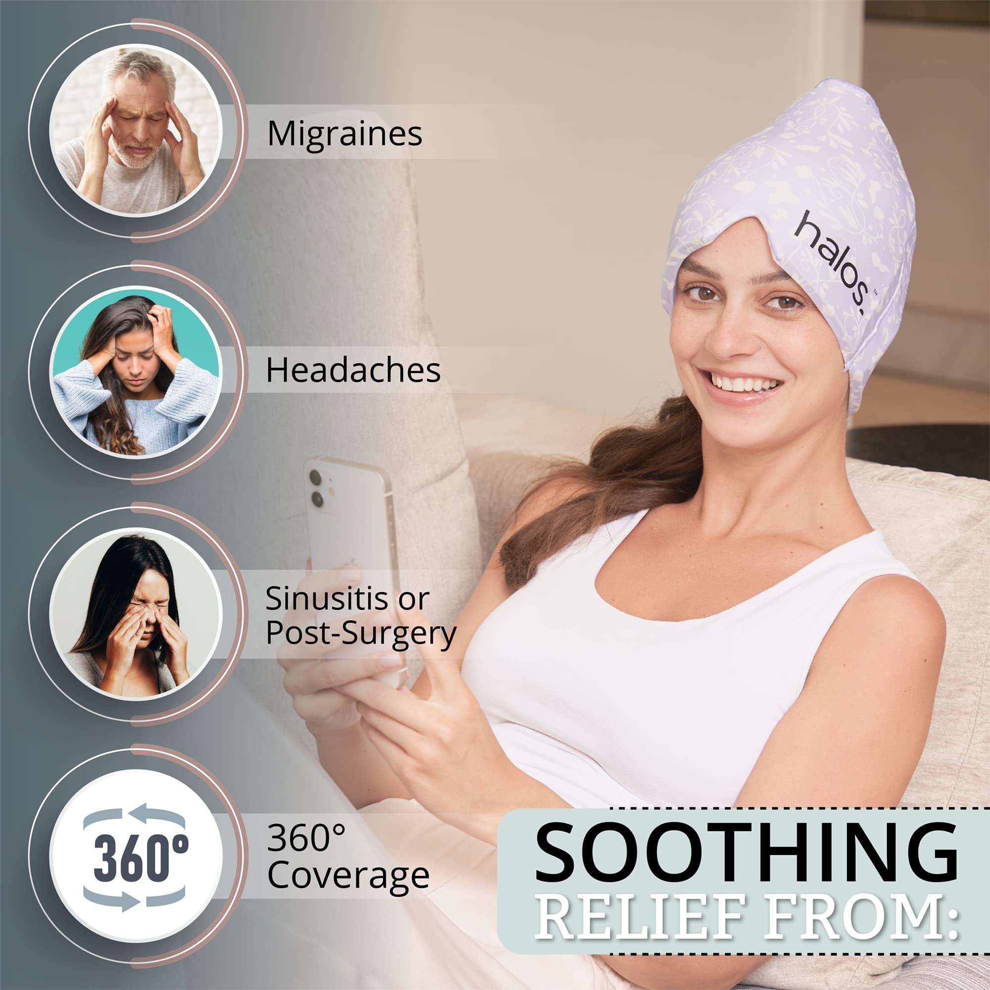 MyHalos® Migraine & Headache Relief Cap, 30% More Gel, Hot & Cold Ice Wrap