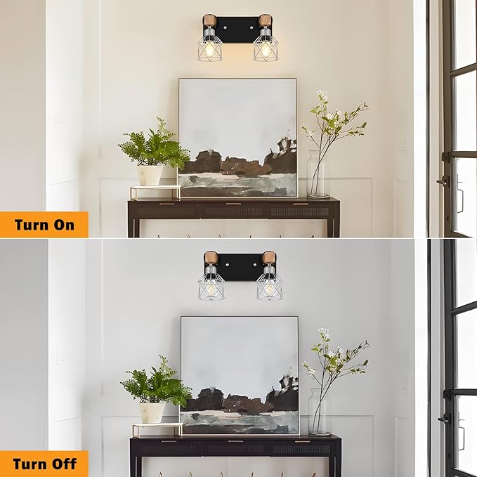 FadimiKoo Farmhouse Bathroom Light Fixtures, Rustic 2-Light Wood Vanity Lights for Bathroom, Industrial Black Silver Wall Lighting with Metal Shade for Bedroom, Living Room, Hallway