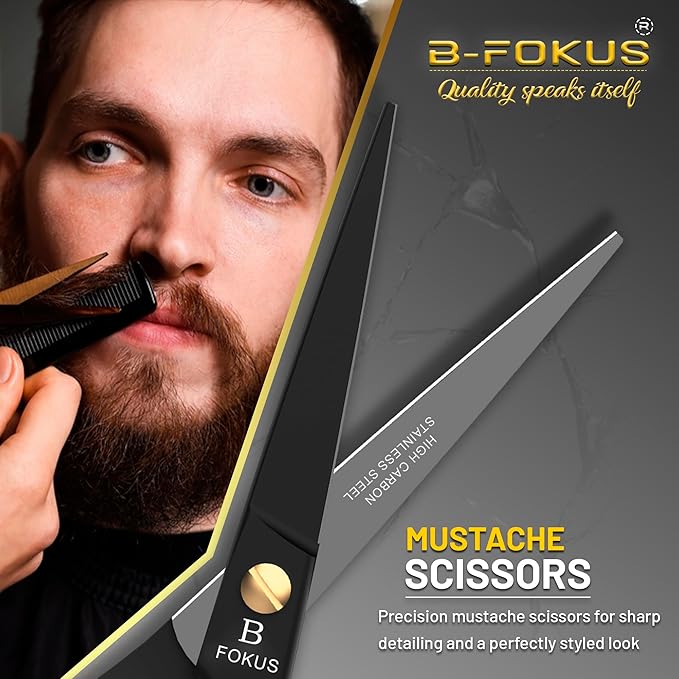 5" Premium Beard Mustache Scissors, Black High Carbon Stainless Steel Beard Scissors with 1 Beard Comb, 1 Mustache Comb, 2 Stickers and Tarvel Pouch. Beard Trimming Scissors for All Facial Hair