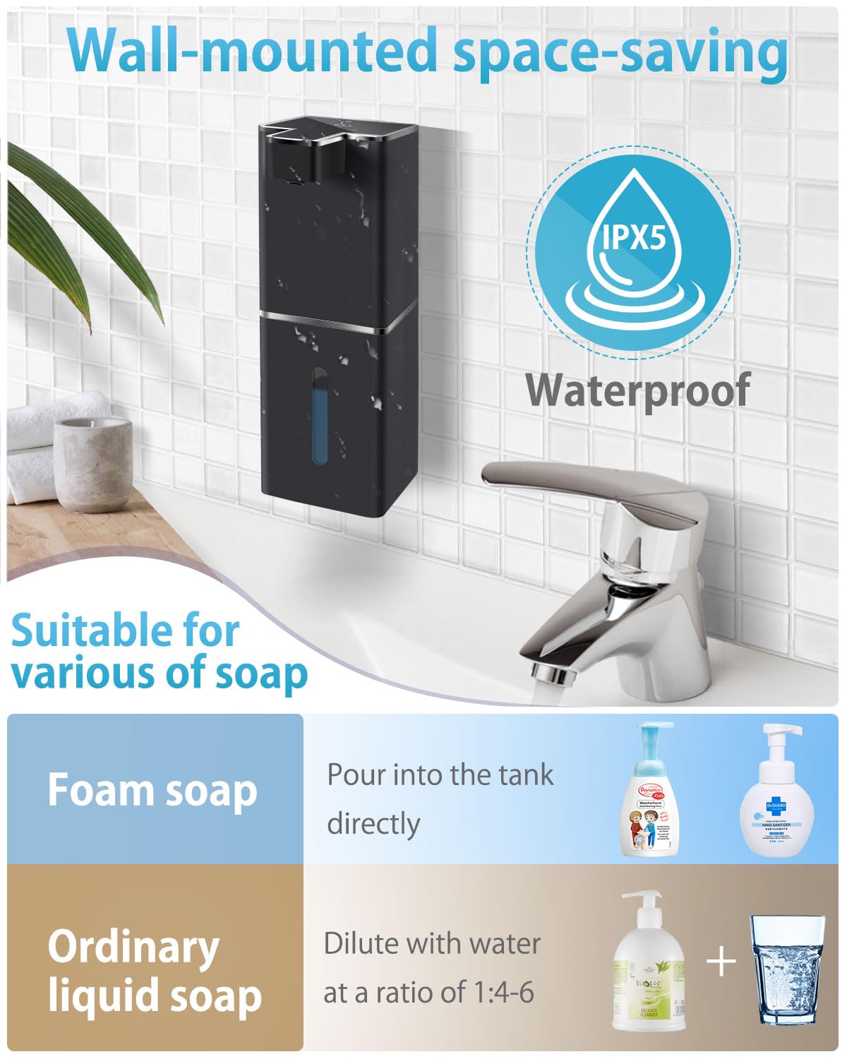 JEMISUN Automatic Foaming Soap Dispenser Touchless 380ml/12.8oz Rechargeable Hand Soap Dispenser Wall Mounted 4 Levels Adjustable Foam Soap Pump for Bathroom Kitchen Dish Soap