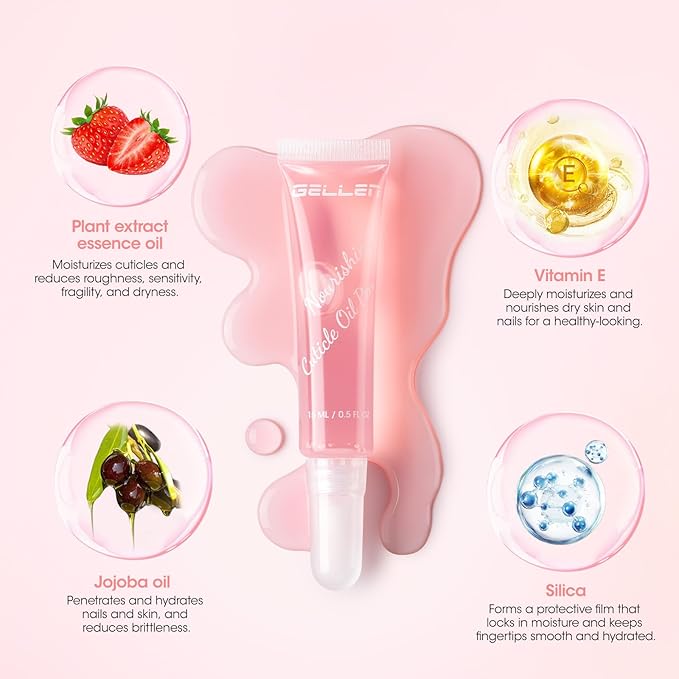 Gellen Cuticle Oil Pen Nourishing Nail Growth Oil Pen | Rich with Jojoba Oil & VE Soften Cuticles Strengthen Healthier-Looking Nails, Brush Applicator, Pro Care for Hands, Strawberry Scent