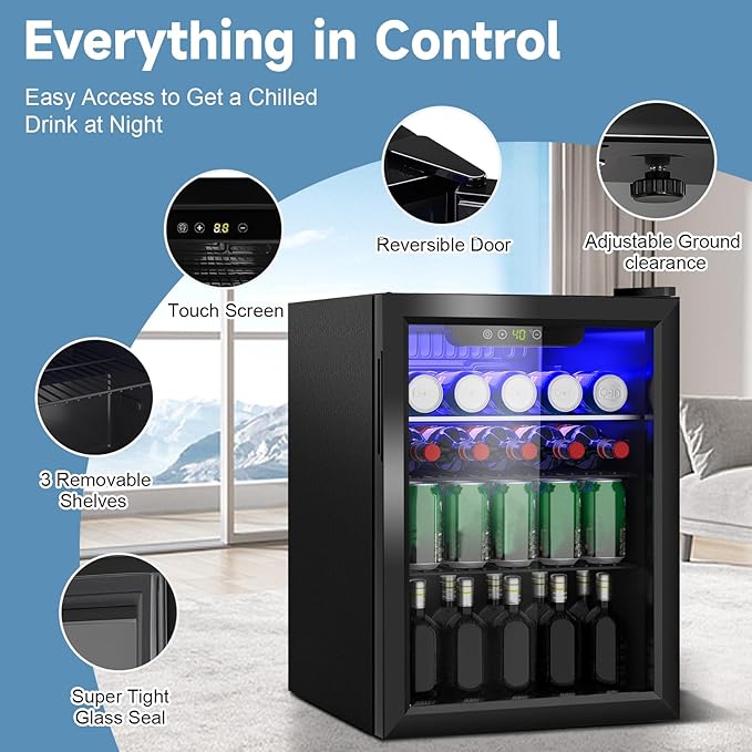 DOGHLY Beverage Refrigerator Cooler, 95 Can Mini Fridge Glass Door for Drinks Soda, Beer, or Wine - Small Refrigerator for Office Bedroom Home Bar, Adjustable Shelves, 2.6 Cu.Ft, Black
