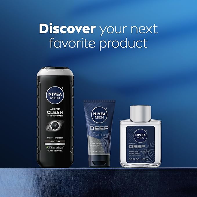 NIVEA MEN Real Madrid Limited Edition Design Active Clean Body Wash with Natural Charcoal for Normal to Oily Skin, 3-in-1 Charcoal Body Wash, Face and Hair, 16.9 Fl Oz Bottle, Pack of 3