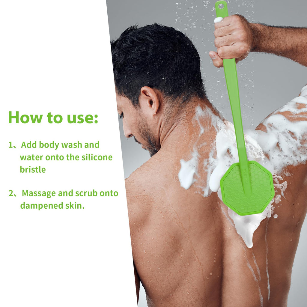 iTokGoK® Silver-Infused Silicone Back Scrubber with Long Handle Back Brush for Shower,Back Brush Long Handle for Men and Women,Ergonomic No-Slip Handle, Long-Lasting (Green)