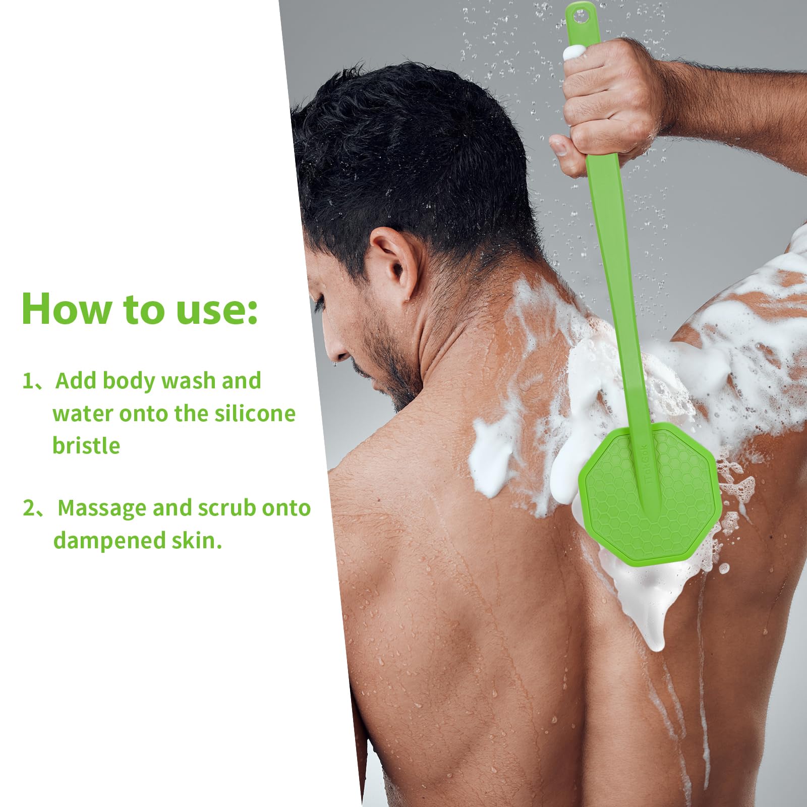 iTokGoK® Silver-Infused Silicone Back Scrubber with Long Handle Back Brush for Shower,Back Brush Long Handle for Men and Women,Ergonomic No-Slip Handle, Long-Lasting (Green)