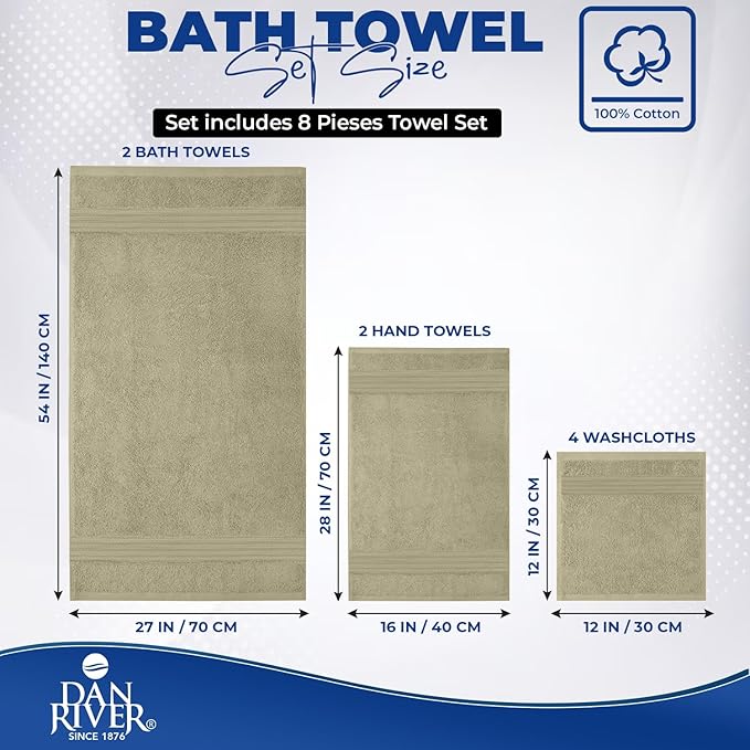 DAN RIVER 8 PC Luxury Bath Towels for Bathroom, 2 Bath, 2 Hand, and 4 Wash Cloths, 600 GSM 100% Ring Spun Cotton Towel Set, Highly Absorbent, Gym, Hotel, and Spa, Beige
