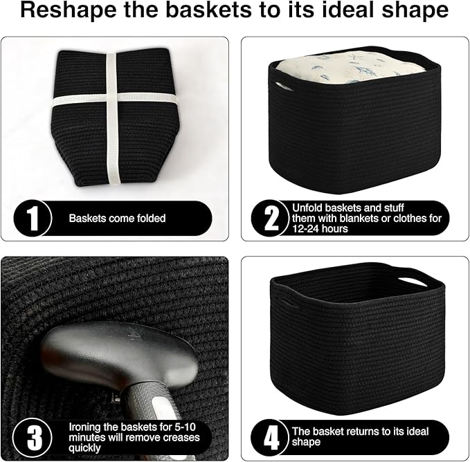 ICERZCZ Storage Baskets for Organizing & Shelves, Woven Cotton Rope Organization Bins for Dog Toys, Clothes, Books, Nursery Organizer, 15" Lx11''Wx9.5''H, (4 Packs) Black