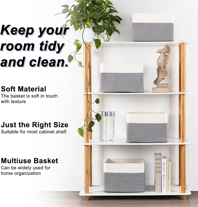 SIXDOVE 4 Pack Storage Baskets for Organizing, Woven Baskets for Shelves - Perfect for Toys, Books, Towels, and Clothes, Durable Gift Basket Bins Toy Storage, 12.7''L x9''W x7.8''H, Grey and White
