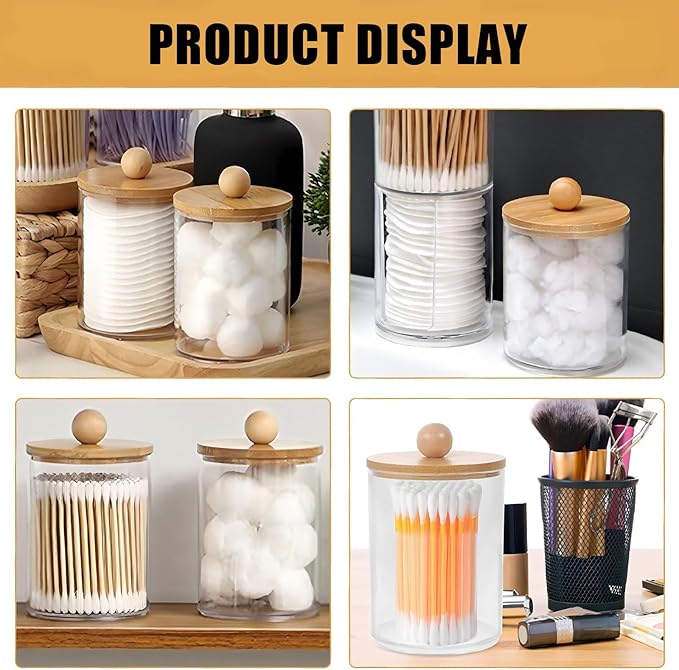 DIYOHFE 3PCS Acrylic Qtip Dispensers Holders With Wood lid, Clear Bathroom Round Countertop Storage Organizer Canister for Cotton Balls,Swabs,Pads,Bath Salts ,Makeup Sponges,Tooth Floss