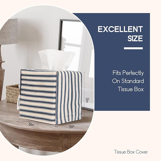 Tissue Box Cover, Fabric Tissue Box Holder Square, Stylish Toilet Paper Storage, Modern Bathroom Counter Organizer Decorations Accessories,Ticking Stripe 5''x5''x5'' (Navy Blue)
