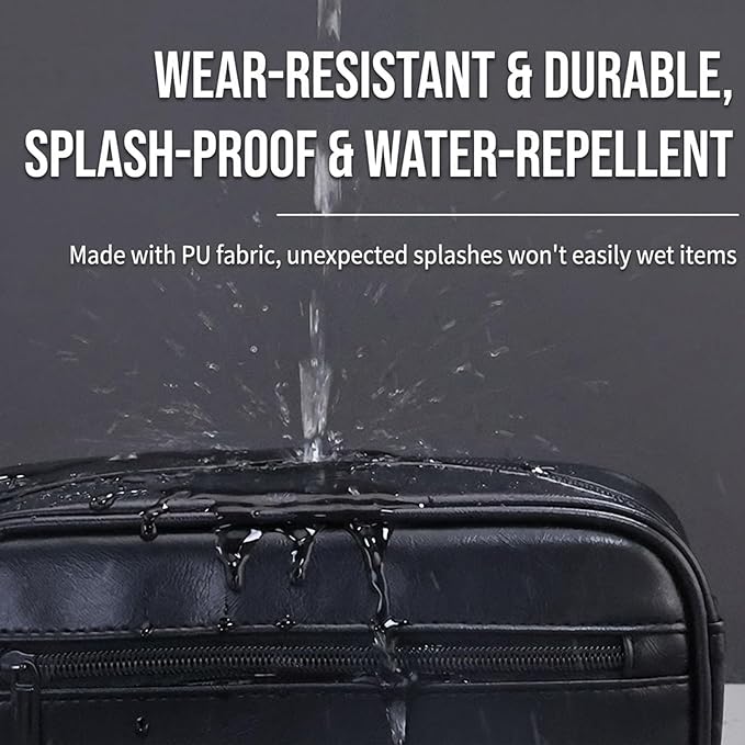 Men’s Toiletry Bag - Vintage PU Leather Kit for Travel - Water-Resistant Shaving Bag,Compact Pouch Gift for Husband, Dad (Black)