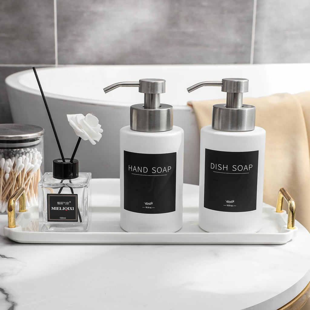 Foaming Soap Dispenser Set, 12 Oz Glass Hand Soap Dispenser with 304 Rust Proof Stainless Steel Pump, Waterproof Labels, for Bathroom Decor Kitchen College Dorm, White Silver Pump 2 Pack