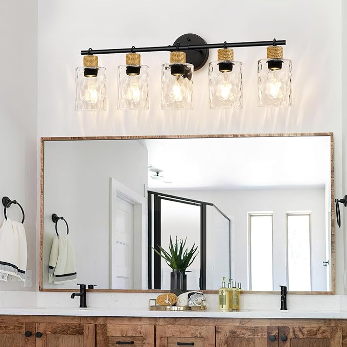 Bathroom Light Fixtures, 5-Light Coastal Vanity Lights with Crystal Glass Shade, Black Bathroom Wall Lamp for Mirror Kitchen Hallway Cabinet