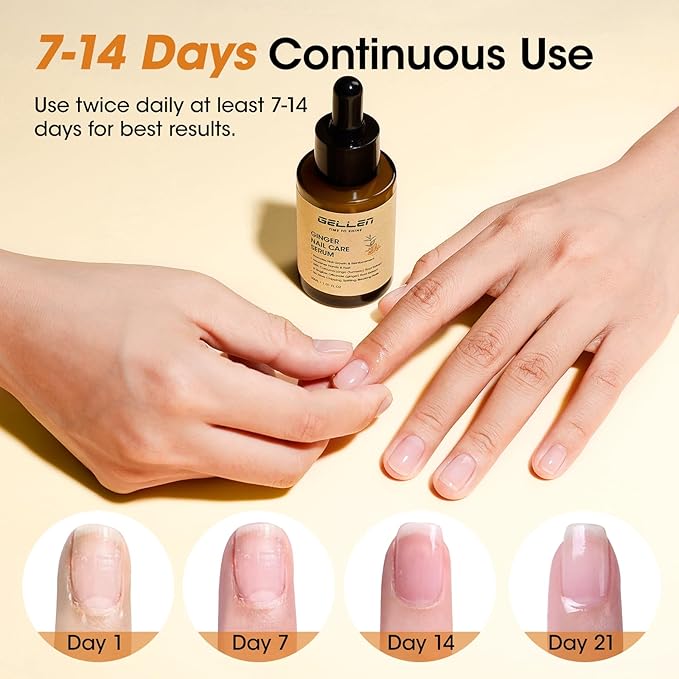 Gellen 7-14 Days Ginger Nail Growth Serum for Nail Strengthener and Growth, Nail Repair Treatment for Weak Brittle Splitting Damaged Nails, Hydrated & Nourished Nail Care Solution for Hands & Feet