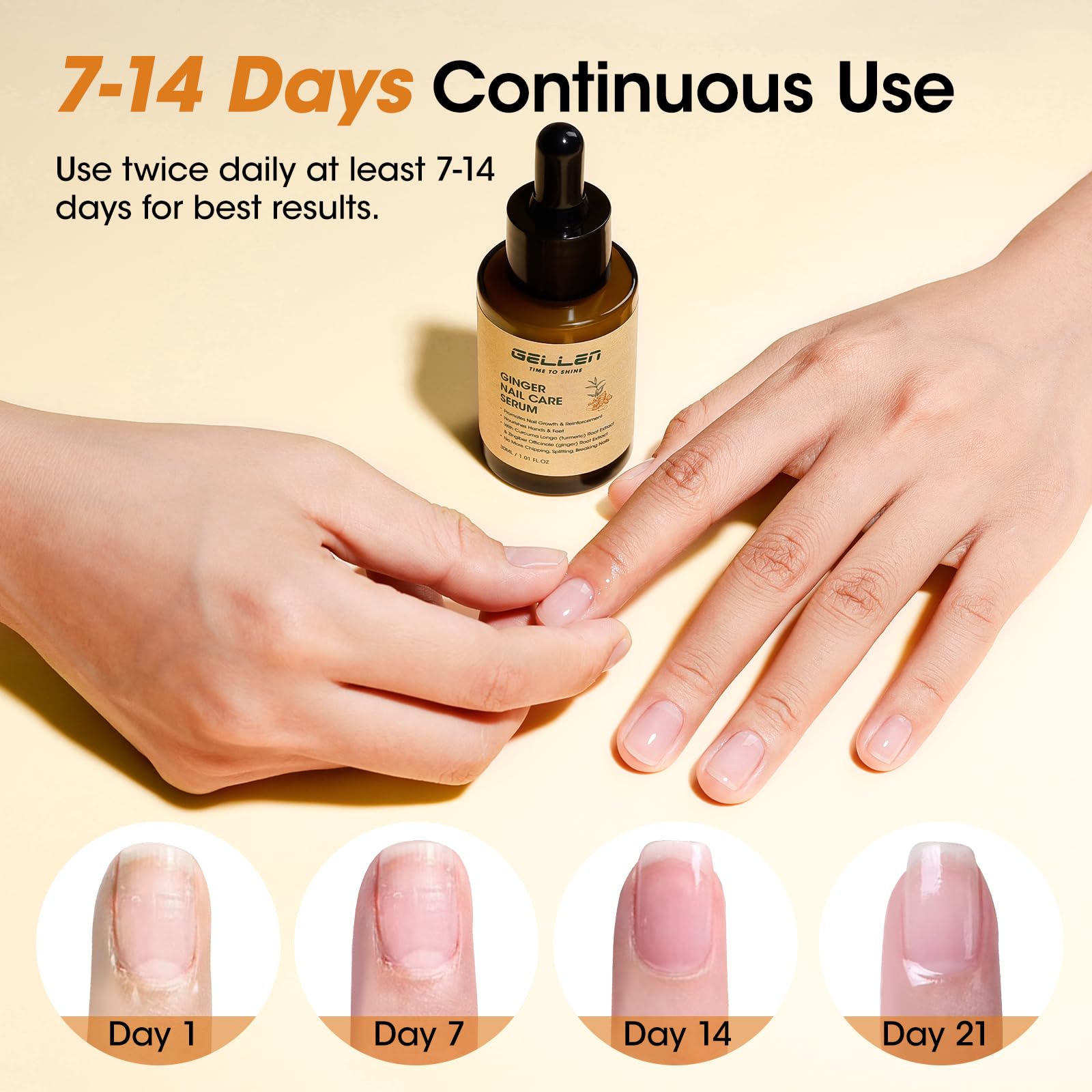 GELLEN 7-14 Days Ginger Nail Growth Serum for Nail Strengthener and Growth, Nail Repair Treatment for Weak Brittle Splitting Damaged Nails, Hydrated & Nourished Nail Care Solution for Hands & Feet
