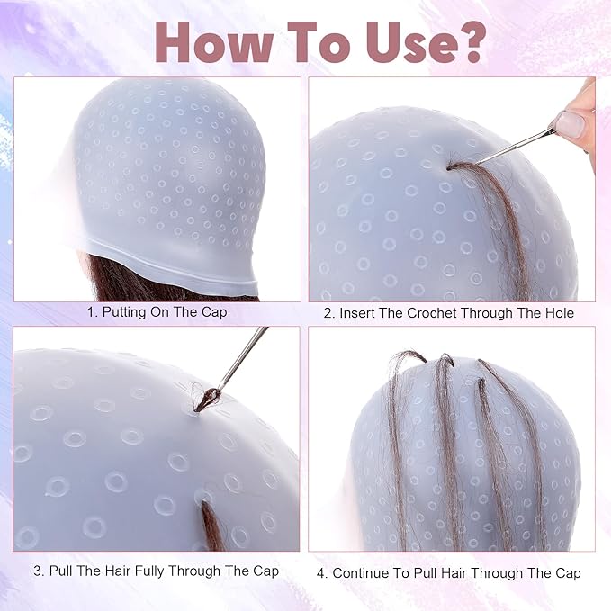 Silicone Highlight Hair Cap with Brushes and Needle, Professional Reusable Highlighting Poked Hole Hooks for Color Hair Salon Hairdressing Dyeing Staining Tools for Women Men