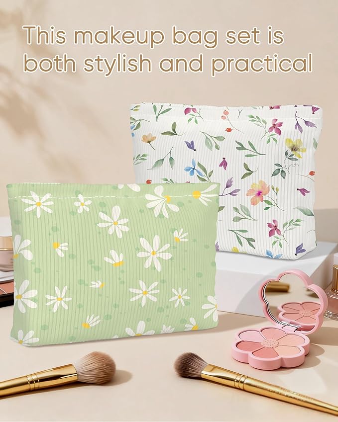 Ksriylm Cute Elegent Floral Flower Makeup Pouch for Women Small Make Up Bag for Purse Zipper Initial Makeup Cosmetic Bags Pouches for Purse Aesthetic Travel Toiletry Bags, Green Daisy