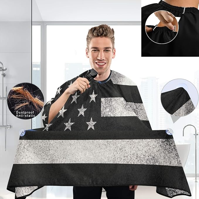 visesunny Barber Cape USA Flag Black White Blue Stripe Polyester Hair Cutting Salon Cape Apron Anti-Static Haircut Water-Resistant Shaving Cloth Beard Shaving Bib Hairdressing Cape