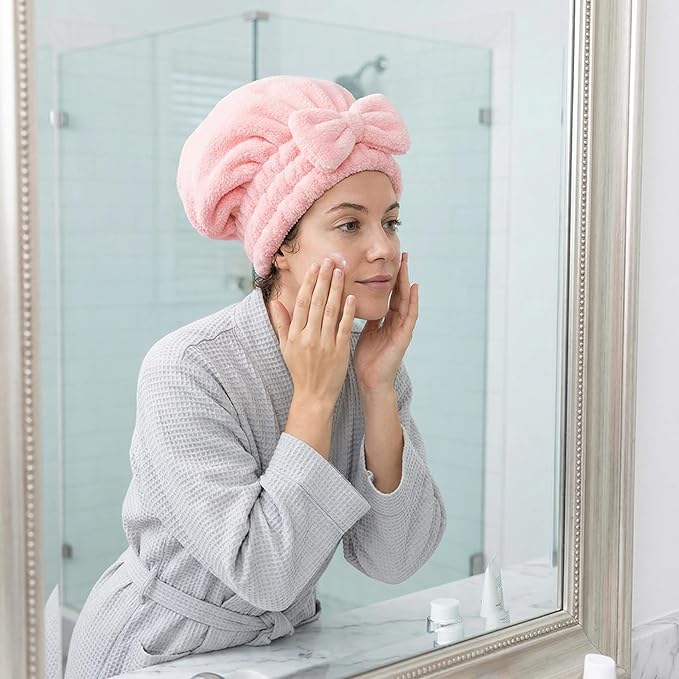 Microfiber Hair Towel Wrap for Thick Damaged Hair, Quick Drying Hair Turban with Bow, Super Absorbent Anti Frizz Hair Cap for Curly Frizzy Hair, Lightweight Towel for Women After Shower (Pink+Purple)