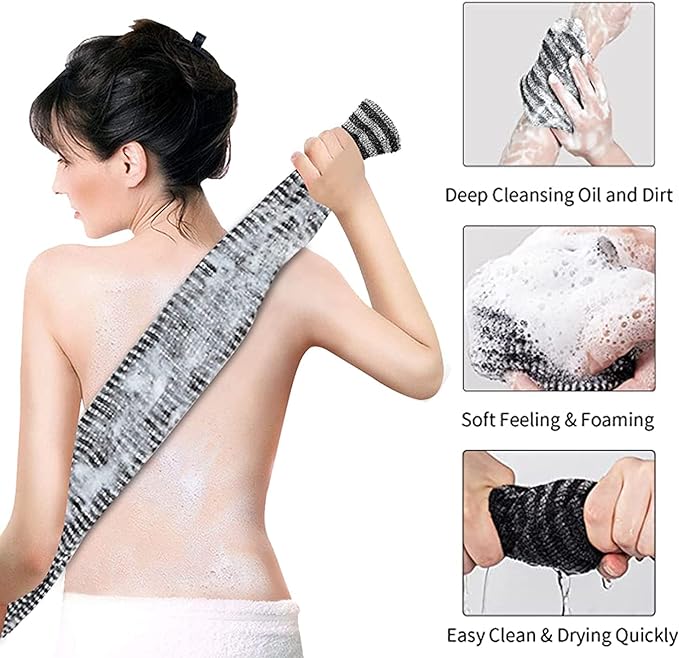 Yiclick Exfoliating Body Scrubber, Back Scrubber for Shower Bath, Japanese Scrub Wash Cloth, Exfoliating Washcloth Towel for Men Women, Body Exfoliator Loofah Luffa Sponge Net Rag Back Washer (Black)