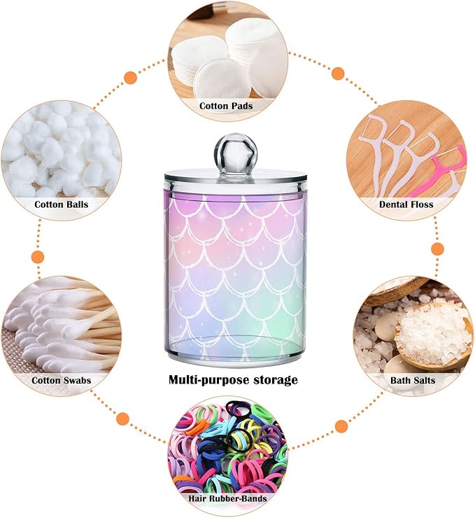 2 Pack Qtip Holder Dispenser for Cotton Ball Rainbow Scales Mermaid Cotton Swab Cotton Round Pads Clear Plastic Acrylic Jar Set Bathroom Canister