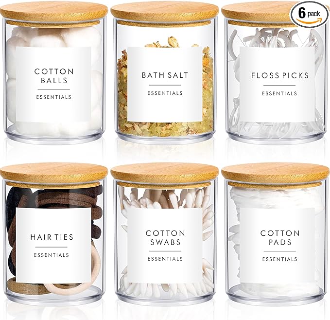 Yaomiao 6 Cotton Pad Holder Bathroom Container, 10 oz Cotton Ball Swabs Dispenser, Clear Plastic Apothecary Jar Organizer with Bamboo Lids for Storage Floss Pick Makeup(Wood Color)