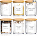 Yaomiao 6 Cotton Pad Holder Bathroom Container, 10 oz Cotton Ball Swabs Dispenser, Clear Plastic Apothecary Jar Organizer with Bamboo Lids for Storage Floss Pick Makeup(Wood Color)