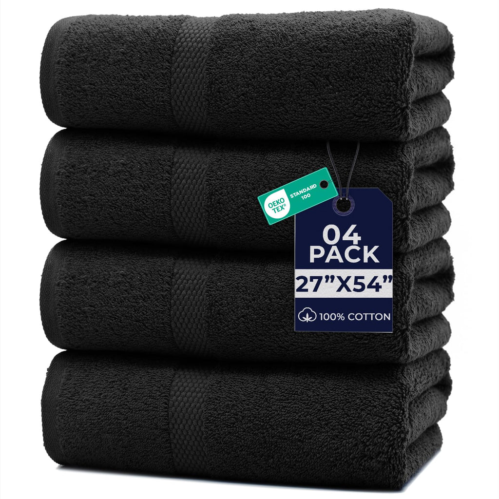 DAN RIVER 600 GSM Cotton Large Bath Towels Set of 4, 27 x 54 Inches, Black