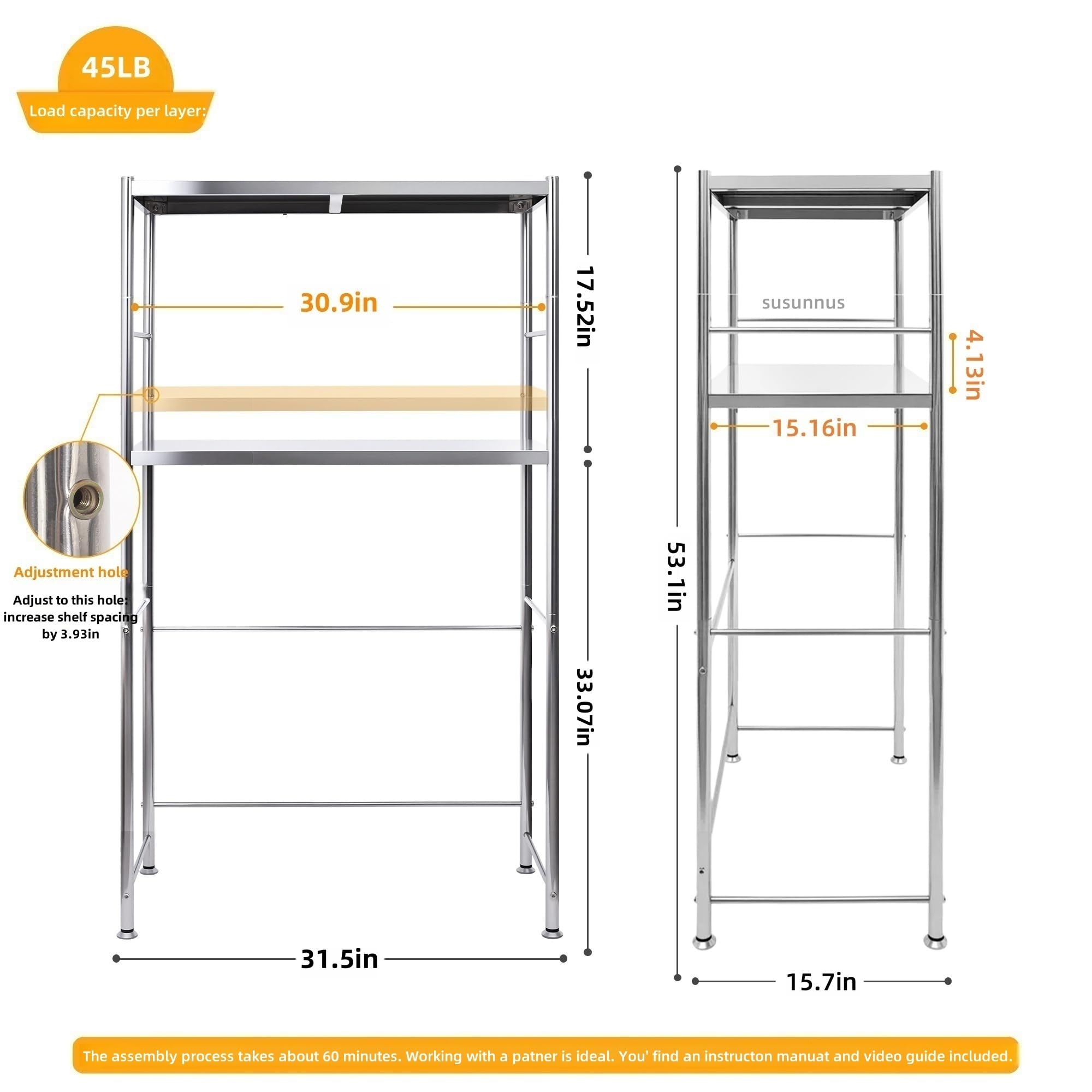 susunnus Stainless Steel Storage Shelf,31.5in-2T,Kitchen,Laundry Room