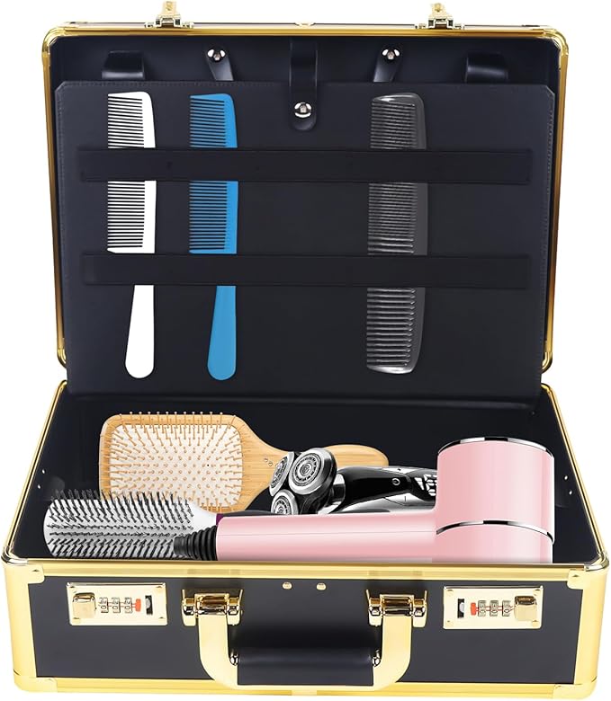 Professional Barber Case, Beauty Salon Barber Case with Code Lock, Hair Stylist Tool Kits Organizer Hairdresser Tool Box for Beauty Salon Makeup Artist (Gold)