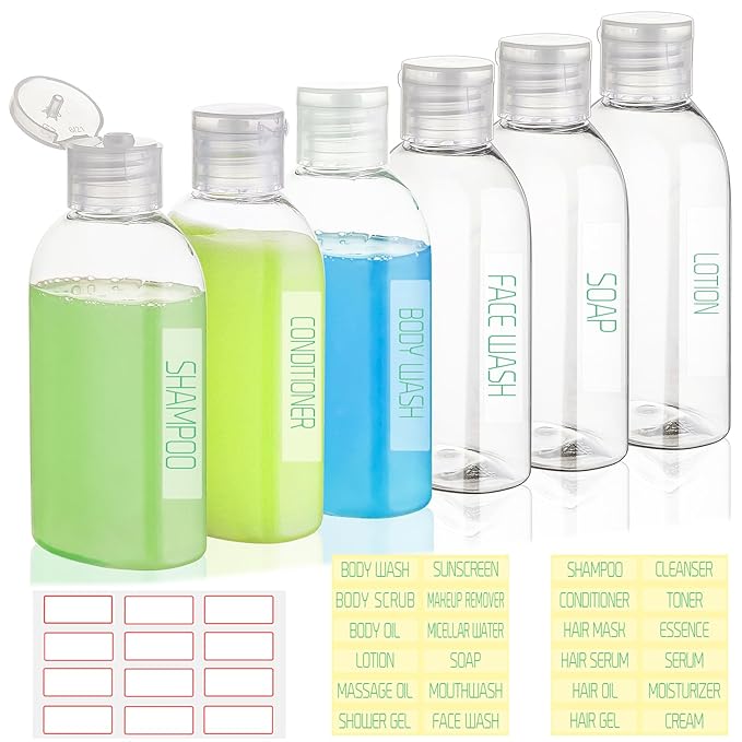 Wowang Travel Bottles for Toiletries 6 Pack 3.4oz/100ml TSA Approved Shampoo and Conditioner Bottles Leak-proof Squeezable Travel Size Containers Refillable Empty Plastic Squeeze Bottle (Clear)