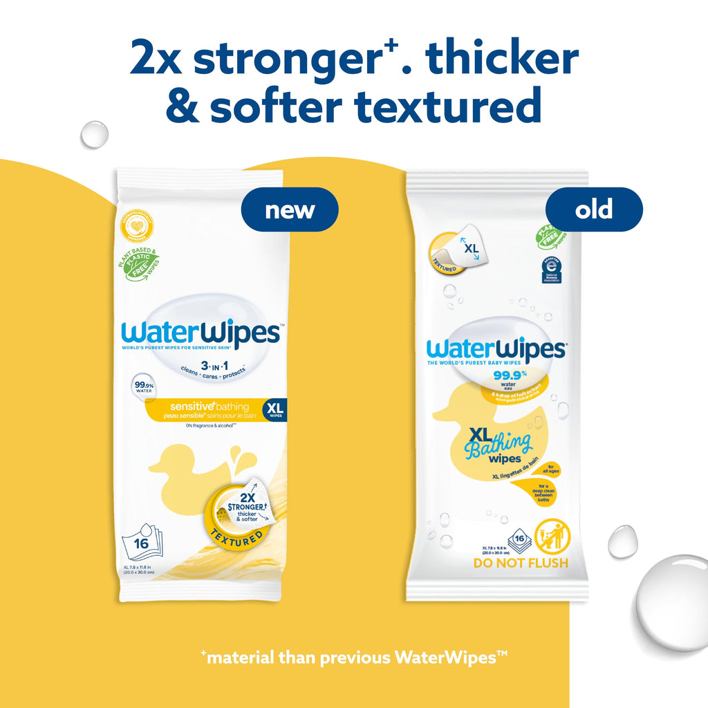 WaterWipes Sensitive+ Bathing Wipes, 3-In-1 Cleans, Cares, Protects, 99.9% Water, Unscented & Hypoallergenic, 16 Count (1 Pack)