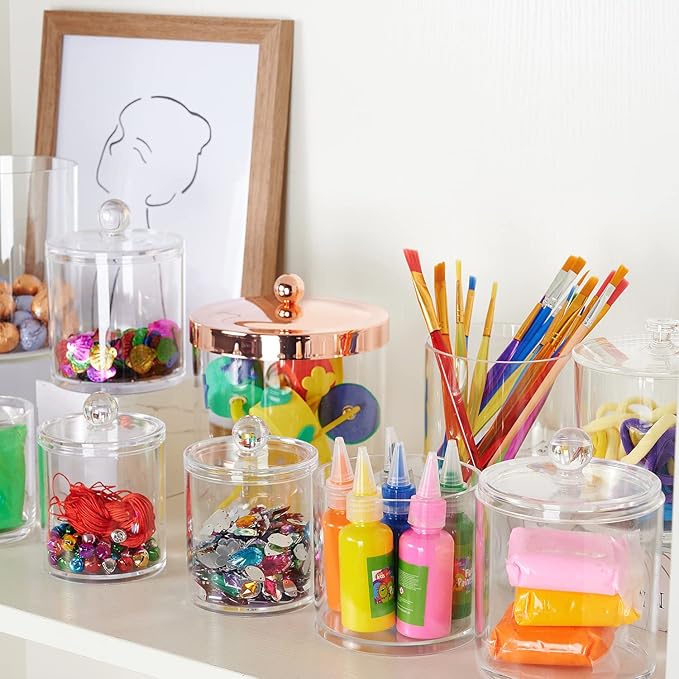 SheeChung Qtip Holder, Acrylic Cotton Round Holder with Chalkboard Labels - Shatterproof Apothecary Jars for Bathroom - Vanity Storage Canisters for Cotton Swabs,Balls,Floss Picks（4-Pack Clear）