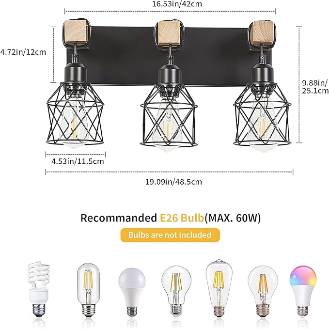 3-Light Farmhouse Bathroom Vanity Light with Wood & Matte Black Metal, Wall Sconce for Mirror, Bedroom, Hallway