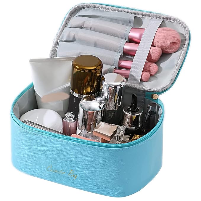 Meiyuuo Travel Makeup Bag for Women, PU Leather Cosmetic Bag, Bright Blue