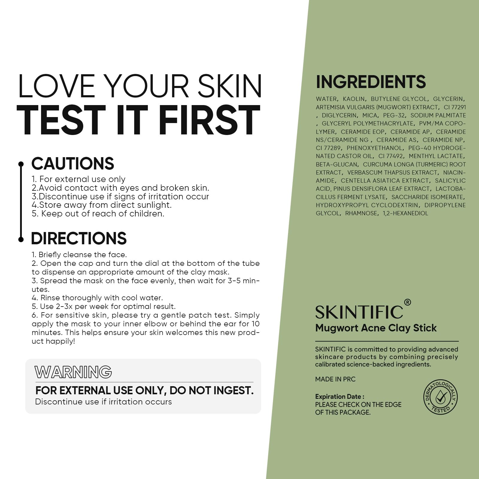 SKINTIFIC Mugwort Clay Stick Face Mask with Centella & Salicylic Acid