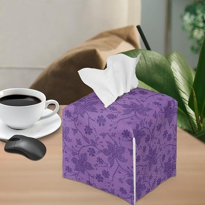 Purple Flowers Tissue Box Case PU Leather Square Modern Asthetic Tissue Box Cover with Metal Button Waterproof Napkin Organizer for Home Office Car Bathroom Decor