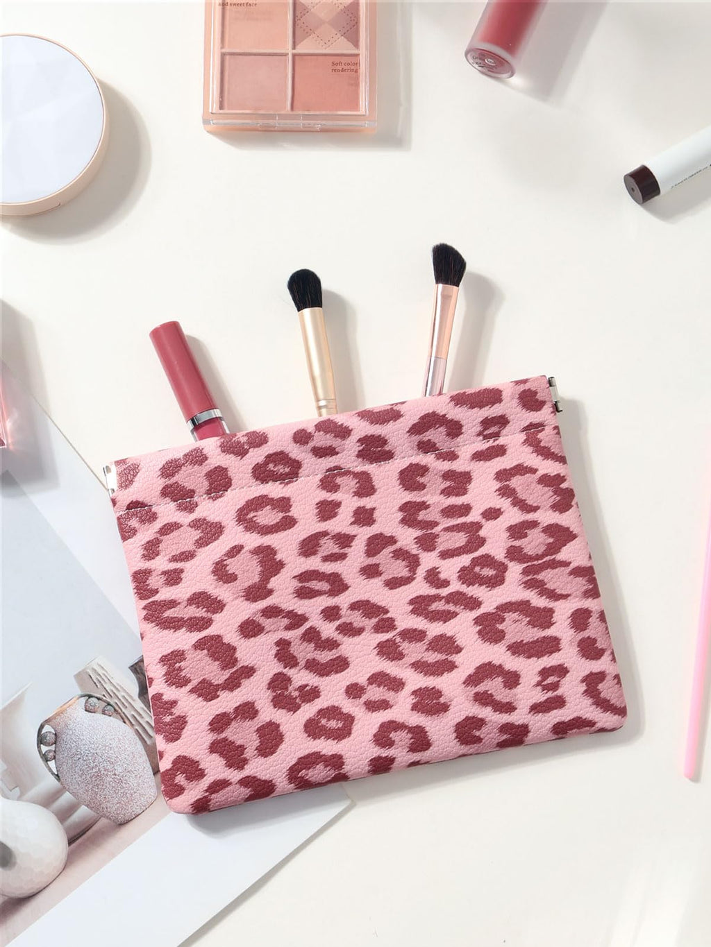 Ksriylm Leopard Leather Small Makeup Pouch for Women,Cosmetic Accessories Organizer,Waterproof and Portable Cosmetic Bag,Self-closing, No Zipper, Aesthetic Storage Pouch,Lipstick for Purse,Pink