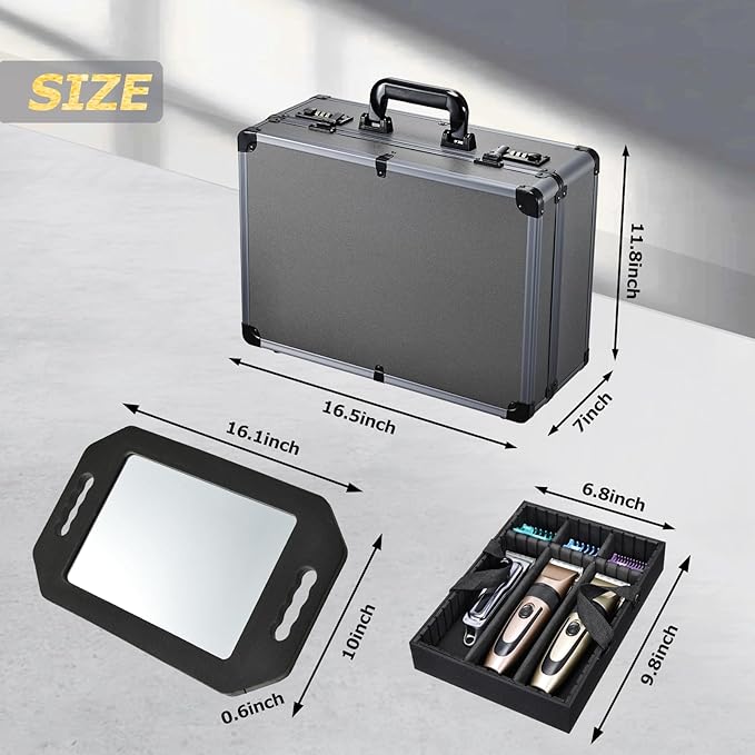 Yueieoun Professional Barber Case with Barber Clipper Tray Organizer, 6 Adjustable Clipper Slots & 8 Shear Holders, Portable Barber Carrying Case for Hair Tools & Supplies with Combo Locks