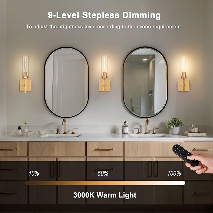 Gold Battery Operated Wall Sconce Set of 2, Wireless Wall Sconces with Remote Control, Rechargeable LED Dimmable Wall Light for Bedroom Bathroom Hallway Living room Entryway Stairwell, 3000K