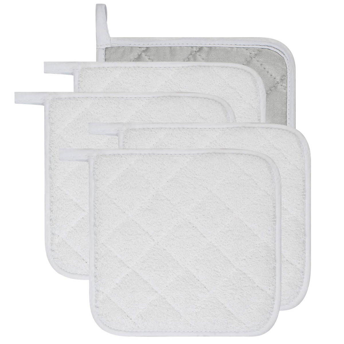 100% Cotton Kitchen Everyday Basic Terry Pot Holder Heat Resistant Coaster Potholder for Cooking and Baking Set of 5 White