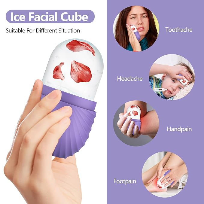 2pcs Ice Roller for Face and Eye, Silicone Ice Facial Roller Ice Holder, Face Ice Mold Skin Care, Face Icers Reusable Ice Cube Roller for Shrink Pores Anti Wrinkle Reduce Puffiness, Purple Brown