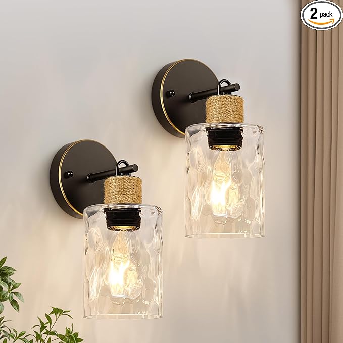 Set of 2 Wall Sconces for Bathroom, Coastal Modern Vanity Lights with Clear Glass Shade, Brown and Gold Bathroom Wall Lamp for Mirror Kitchen Living Room Hallway Cabinet Porch