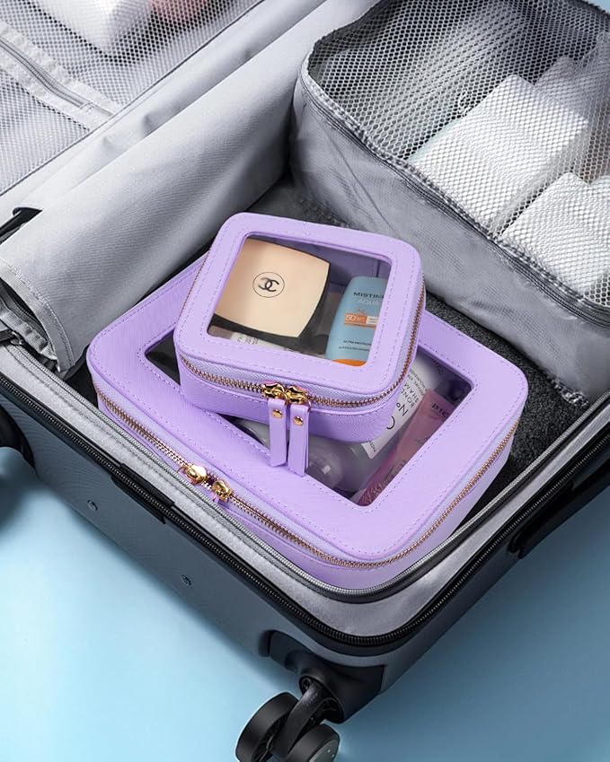 LETGO 2 Pack Clear Travel Toiletry Bag for Women,Large & Mini Waterproof PU TSA Approved Cosmetic Pouches, Portable Beach Vacation Makeup Organizer Set,See Through Skincare Sunscreen Bags for Women