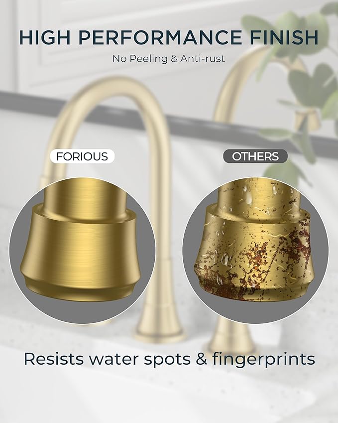 FORIOUS Gold Bathroom facuet 3 Hole, 8 inch Brushed Gold Bathroom Sink Faucet Widespread with 360° Swivel Spout and Spare Water-Saving Aerator and Drain, 3 Piece Vanity Tap for Restroom Upgrade