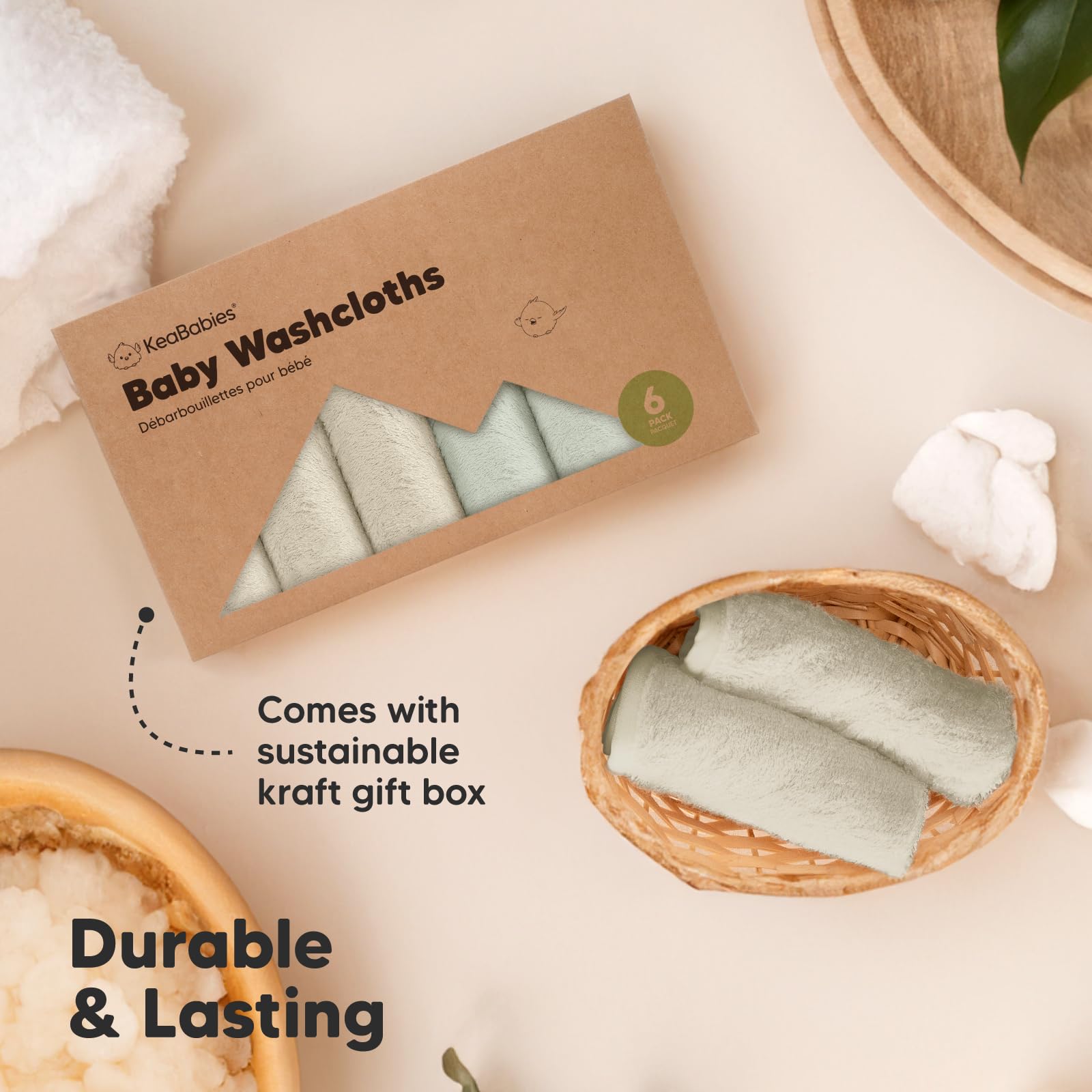 6pk Baby Washcloths, Soft Absorbent Washcloths for Face, Body (Stone/Dove)