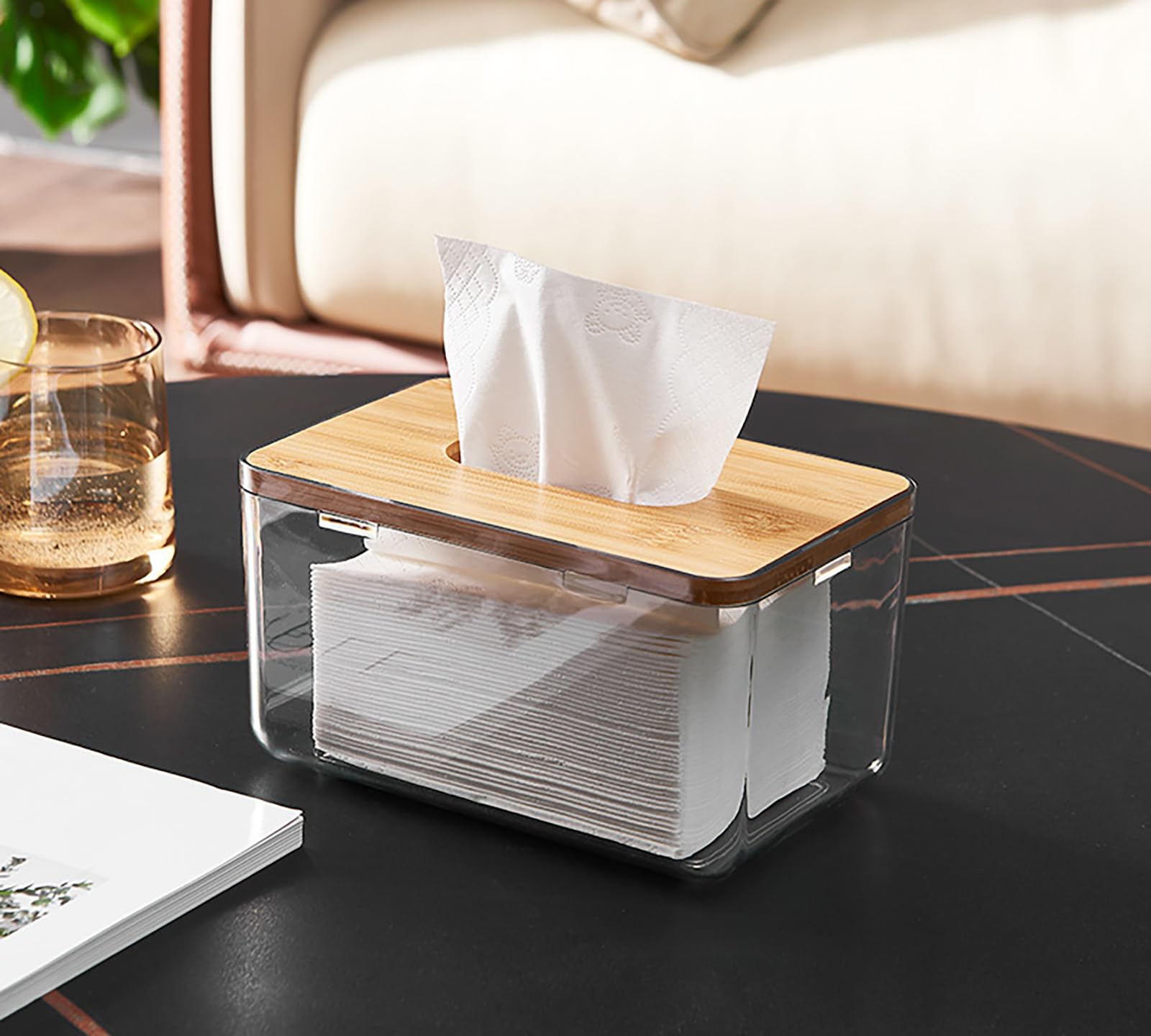 Acrylic Tissue Box Cover, Bamboo Dryer Sheet Holder, Wooden Rectangular Dryer Sheet Dispenser for Storage on Bathroom Vanity, Countertop, Bedroom Dresser
