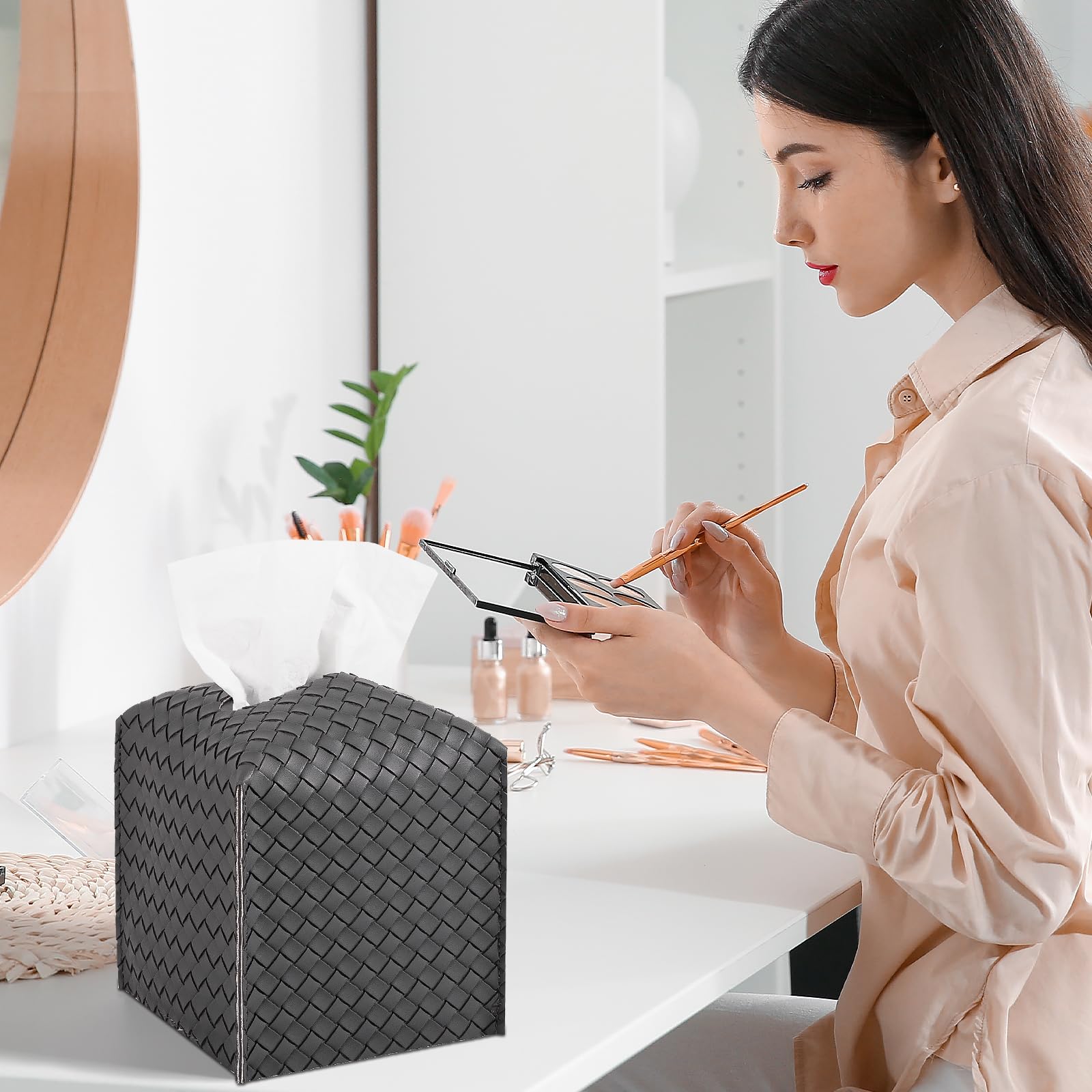 Tissue Box Cover Square Leather Facial Paper Holder, Dark Gray