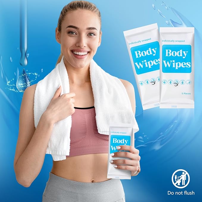 Threlaco 300 Pcs 60 Pack Body Wipes for Adults Bathing No Rinse Individually Wrapped Shower Wipes Washcloth with Aloe Cleansing Body Wash Cloths Disposable Bulk Deodorant Homeless(White Background)